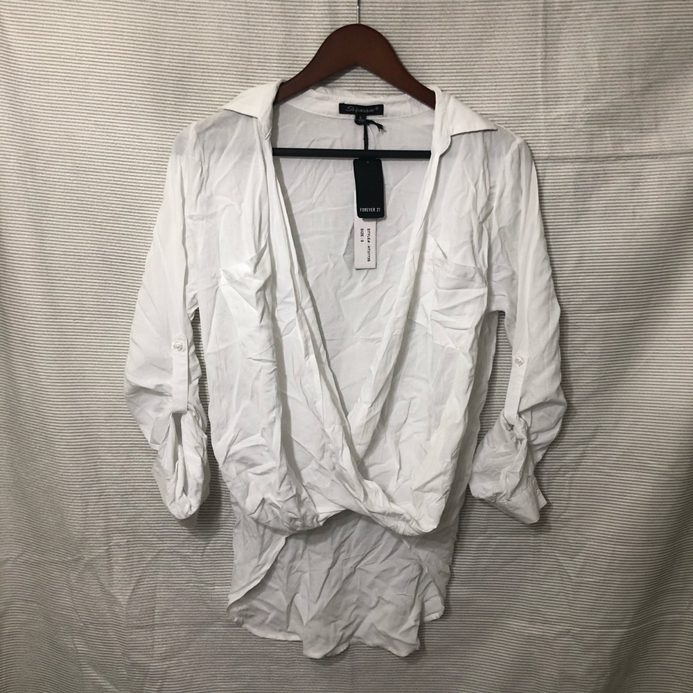White loose V neck blouse